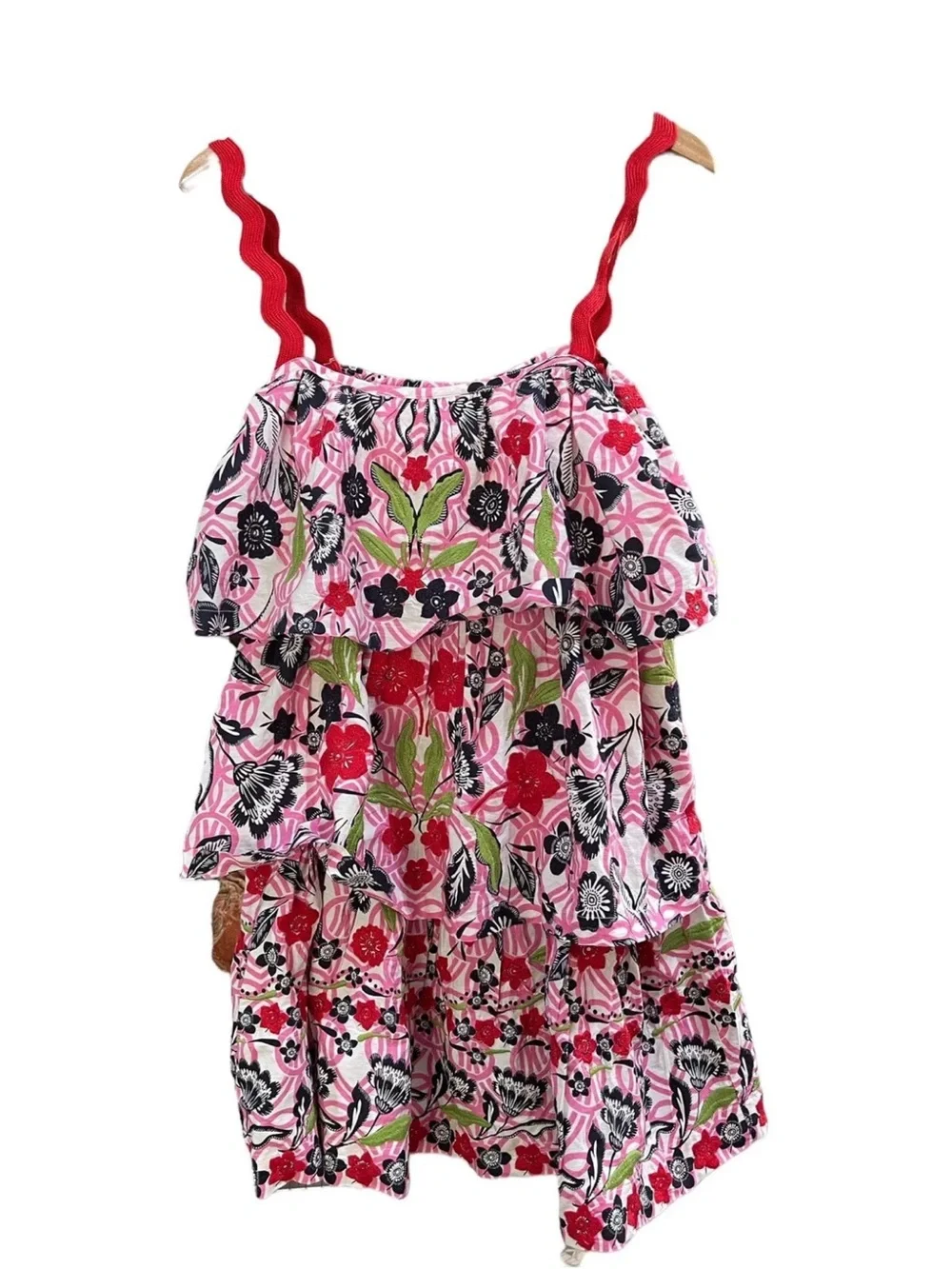 Maeve Pink Floral Tiered Mini Dress with Red Straps - Picture 6 of 6
